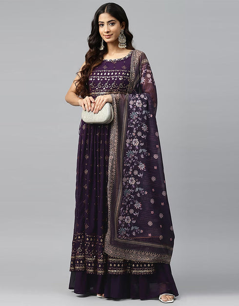 Designer Party Wear Heavy Readymade Gown With Sharara Collection Purple Georgette Sharara Gown Close-up View